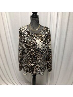 Milano Blouse Womens Size Small Black Brown Animal Print Long Sleeve Buttons NEW